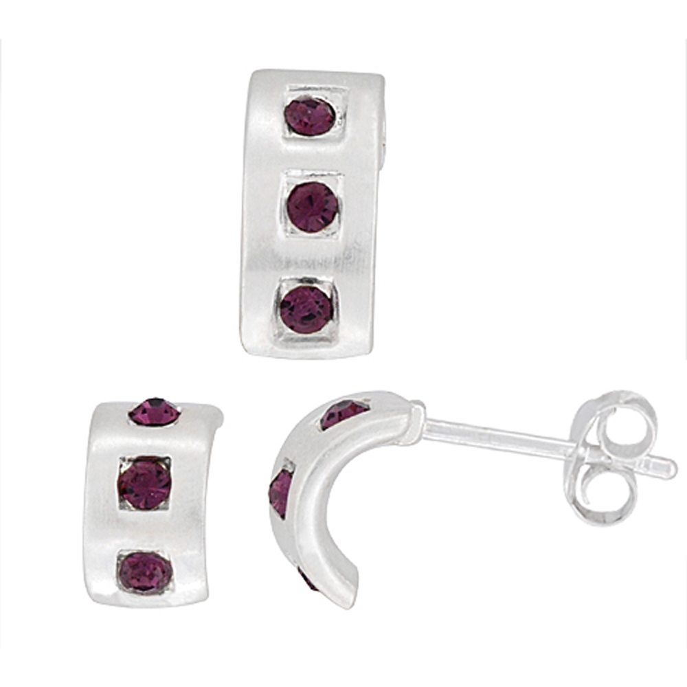 Sterling Silver Brilliant Cut Amethyst Purple CZ 3 Stone Half Hoop Post Earrings & Pendant Set Brushed finish