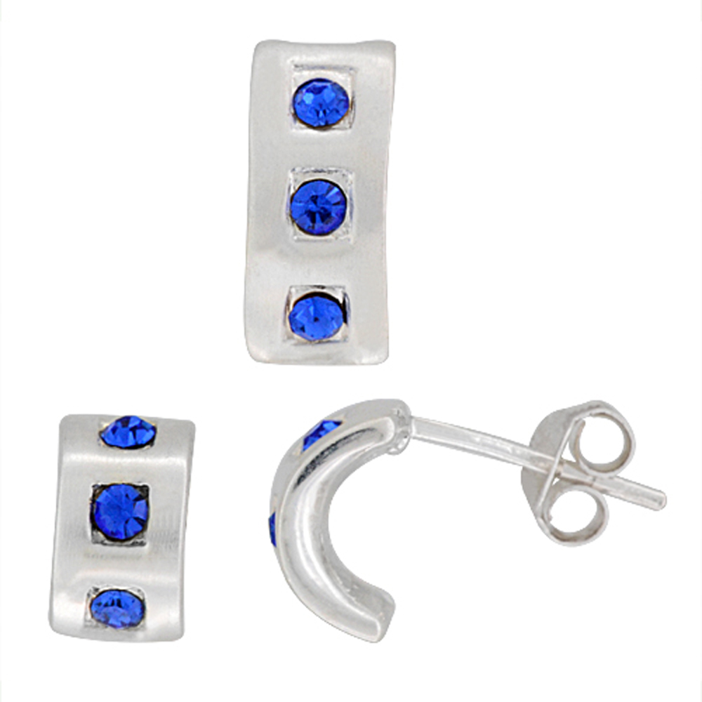 Sterling Silver Brilliant Cut Blue Sapphire CZ 3 Stone Half Hoop Post Earrings & Pendant Set Brushed finish