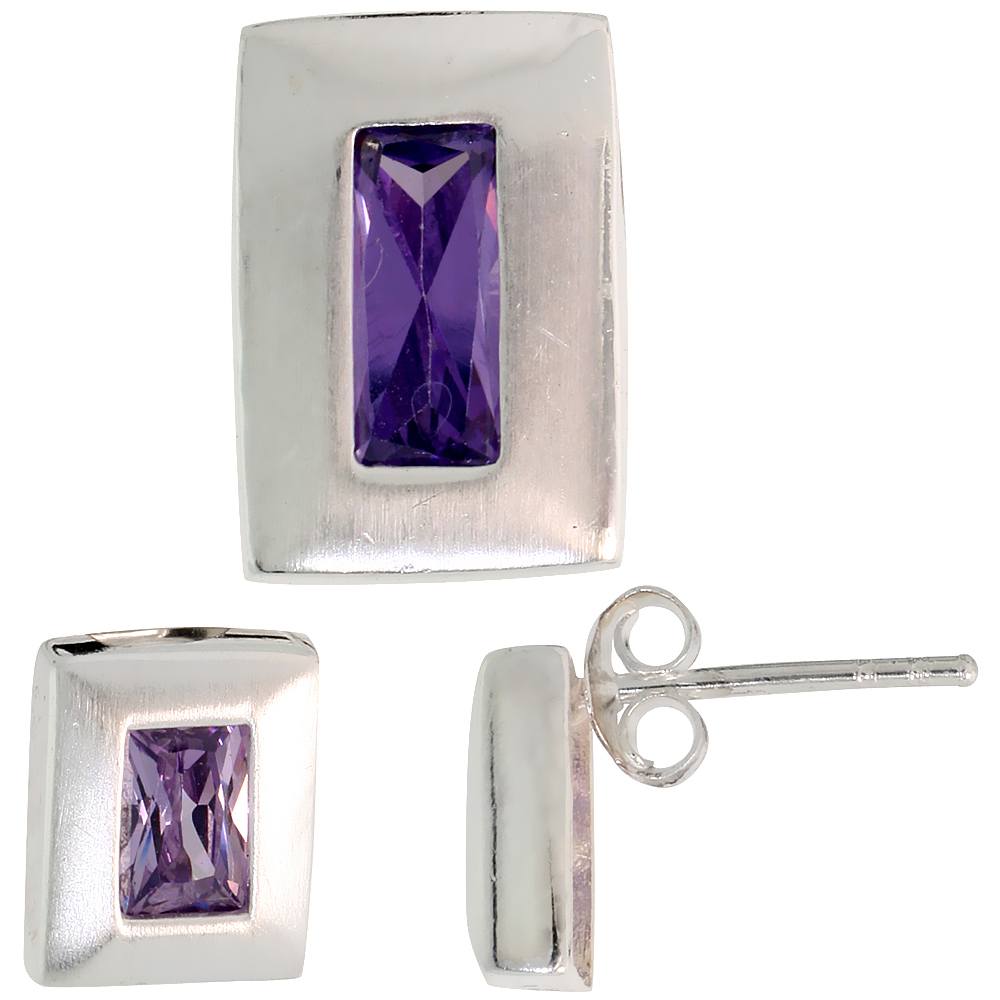 Sterling Silver Radiant Cut Amethyst Purple CZ Rectangle Stud Earrings &amp; Pendant Set Brushed finish