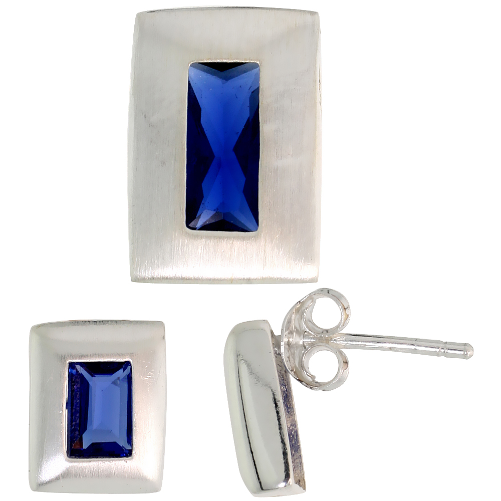 Sterling Silver Radiant Cut Blue Sapphire CZ Rectangle Stud Earrings & Pendant Set Brushed finish