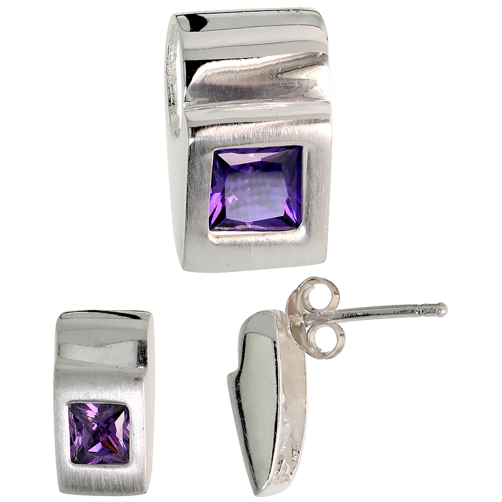 Sterling Silver Princess Cut Amethyst Purple CZ Geometric Design Square Stud Earrings &amp; Pendant Set Brushed