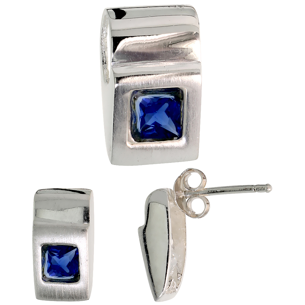 Sterling Silver Princess Cut Blue Sapphire CZ Geometric Design Square Stud Earrings & Pendant Set Brushed