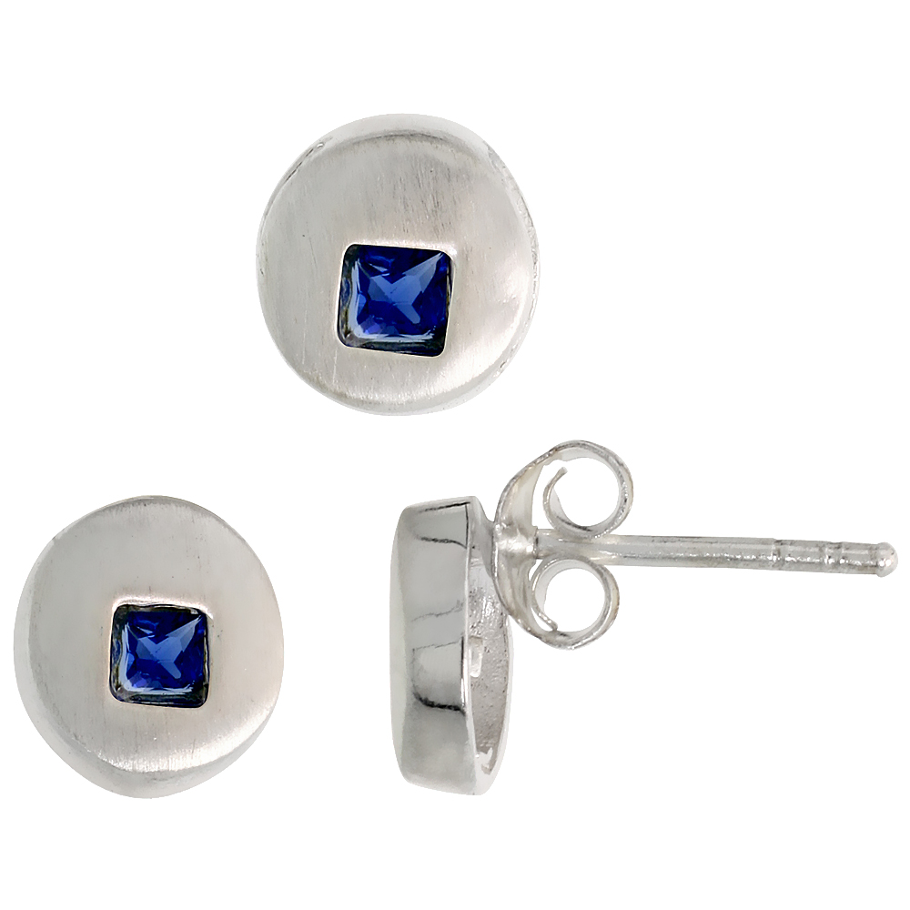 Sterling Silver Princess Cut Blue Sapphire CZ Round Circle Stud Earrings & Pendant Set Brushed finish