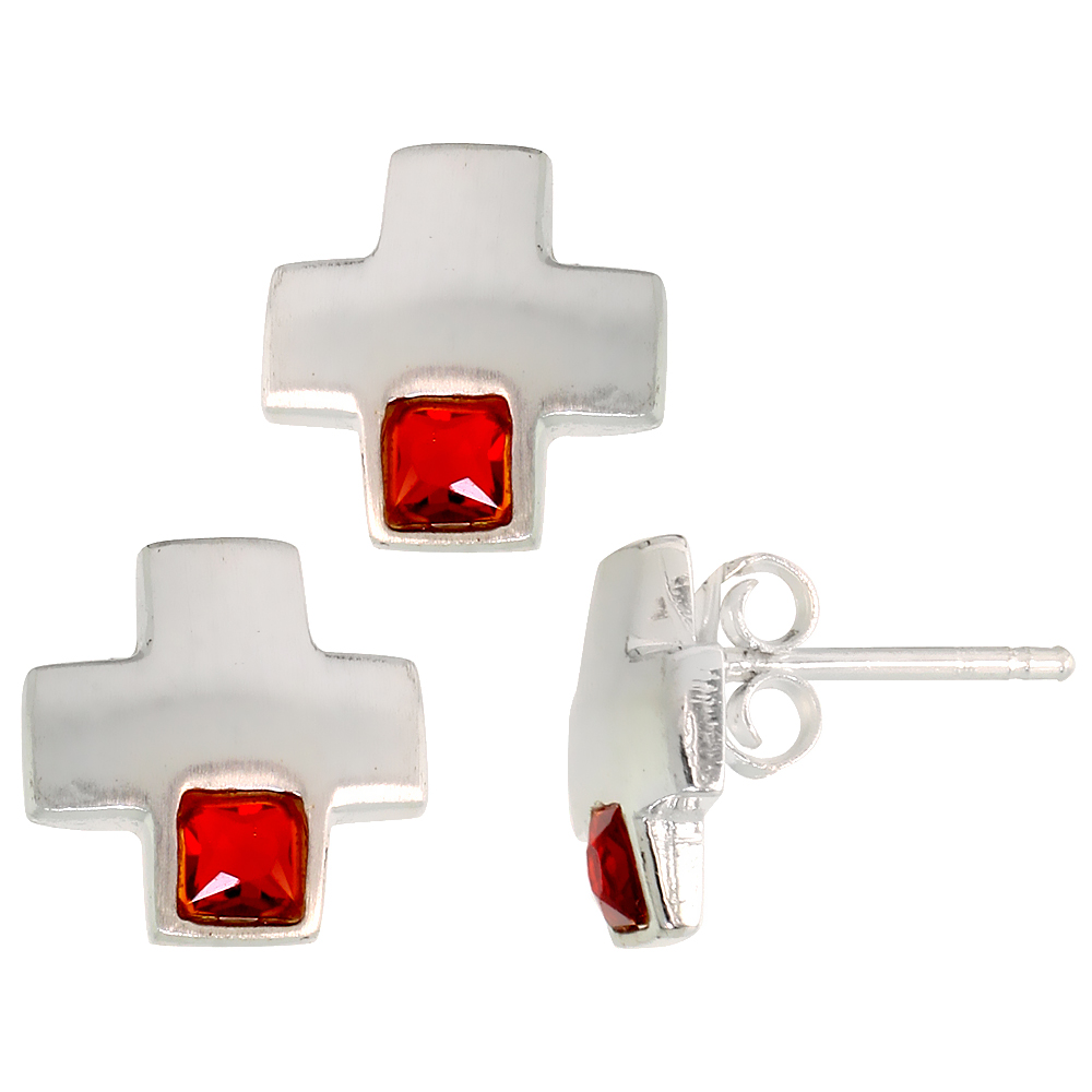 Sterling Silver Princess Cut Ruby Red CZ Greek Cross Stud Earrings & Pendant Set Brushed finish