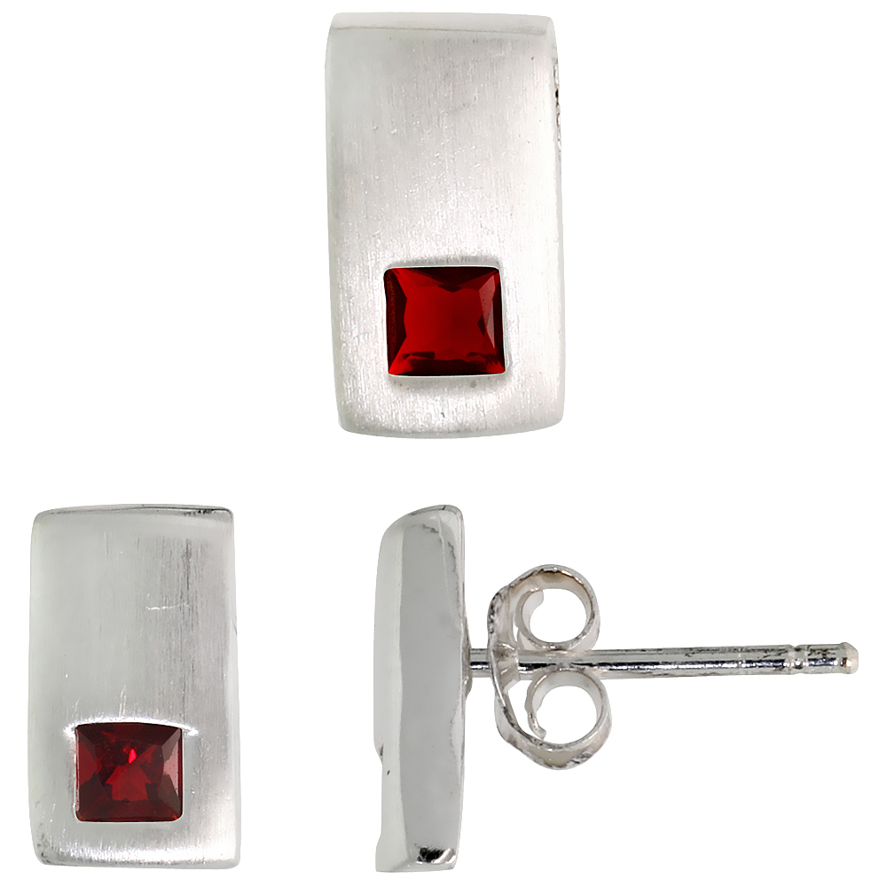 Sterling Silver Princess Cut Garnet Red CZ Rectangular Stud Earrings & Pendant Set Brushed finish