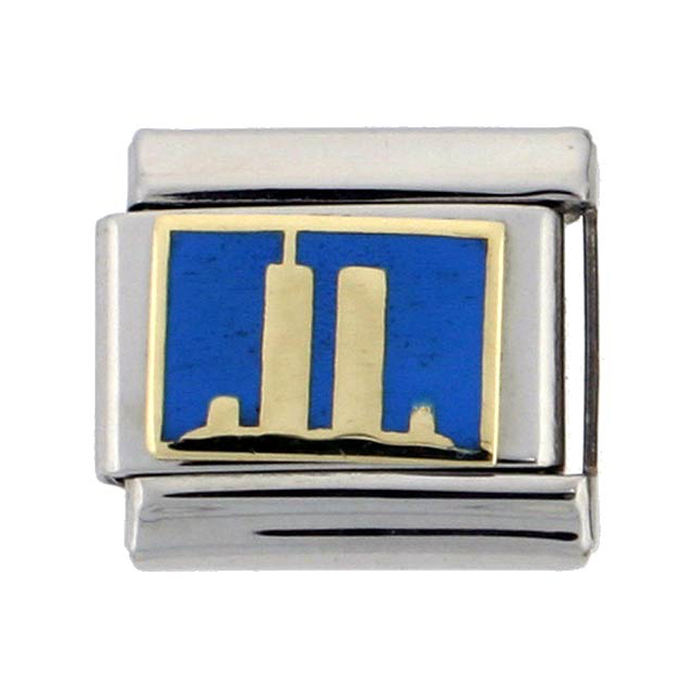 Stainless Steel 18k Gold Twin Towers Charm for Italian Charm Bracelets Blue Enamel