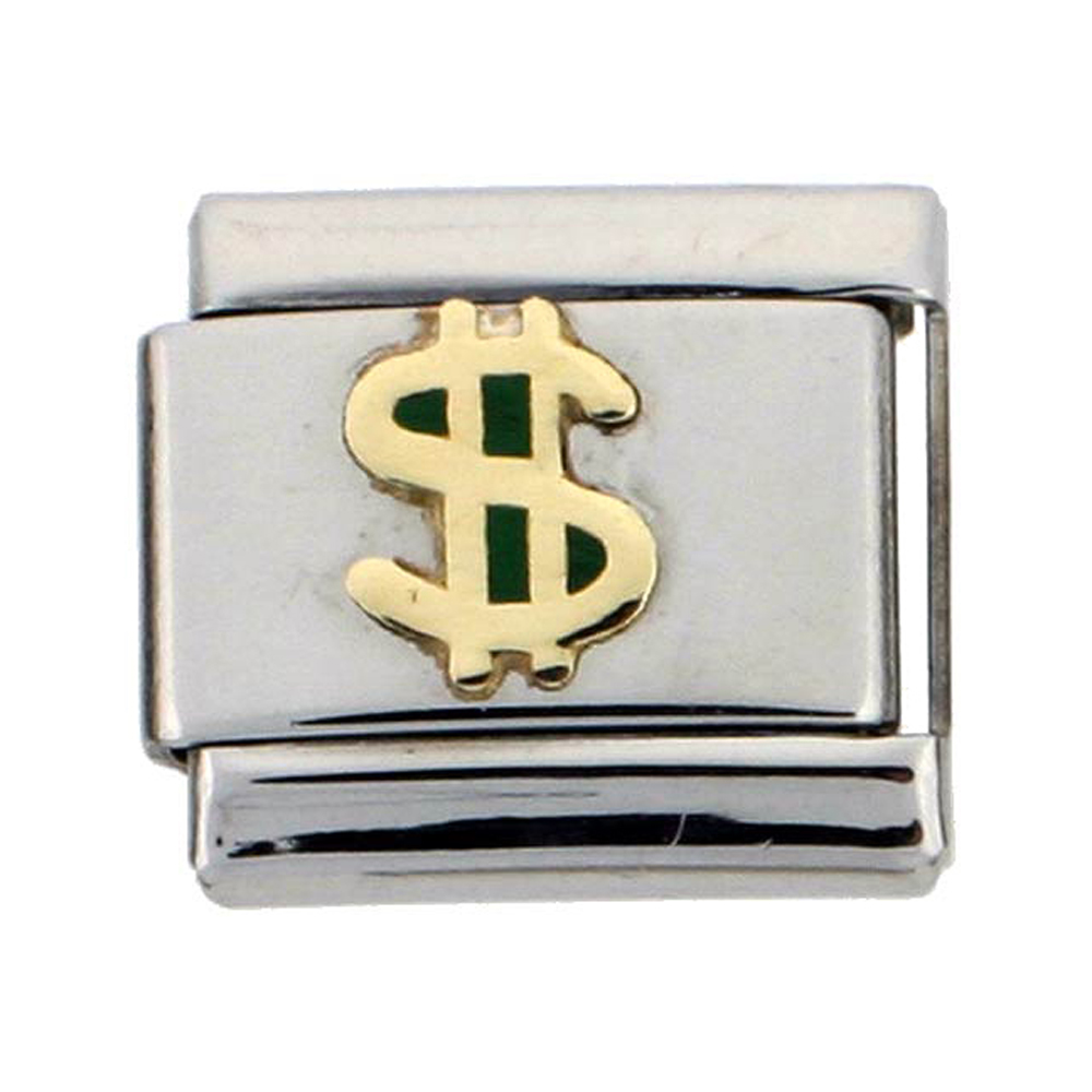 Stainless Steel 18k Gold Dollar Sign Charm for Italian Charm Bracelets