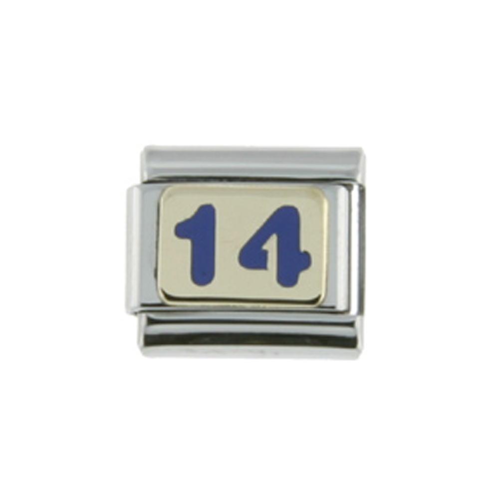 Stainless Steel 18k Gold Number 14 Charm for Italian Charm Bracelets Blue Enamel