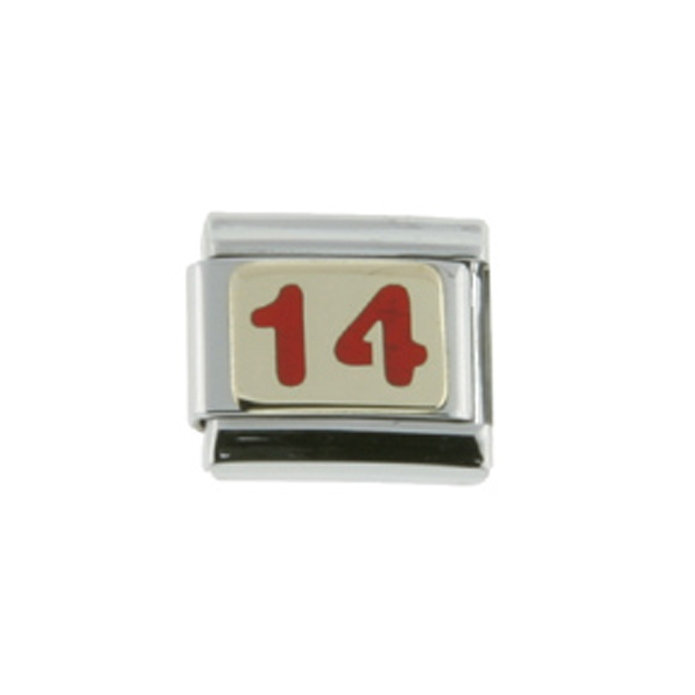 Stainless Steel 18k Gold Number 14 Charm for Italian Charm Bracelets Red Enamel