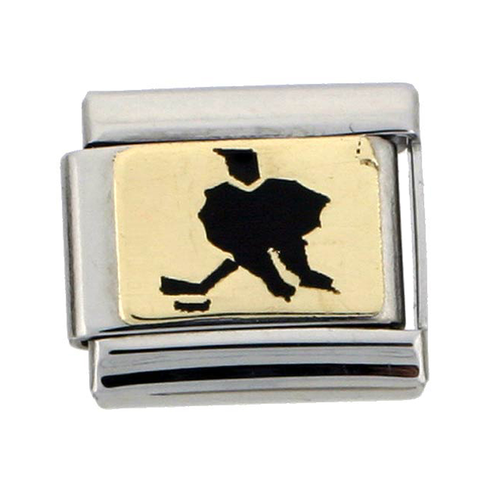 Stainless Steel 18k Gold Hockey Player Charm for Italian Charm Bracelets