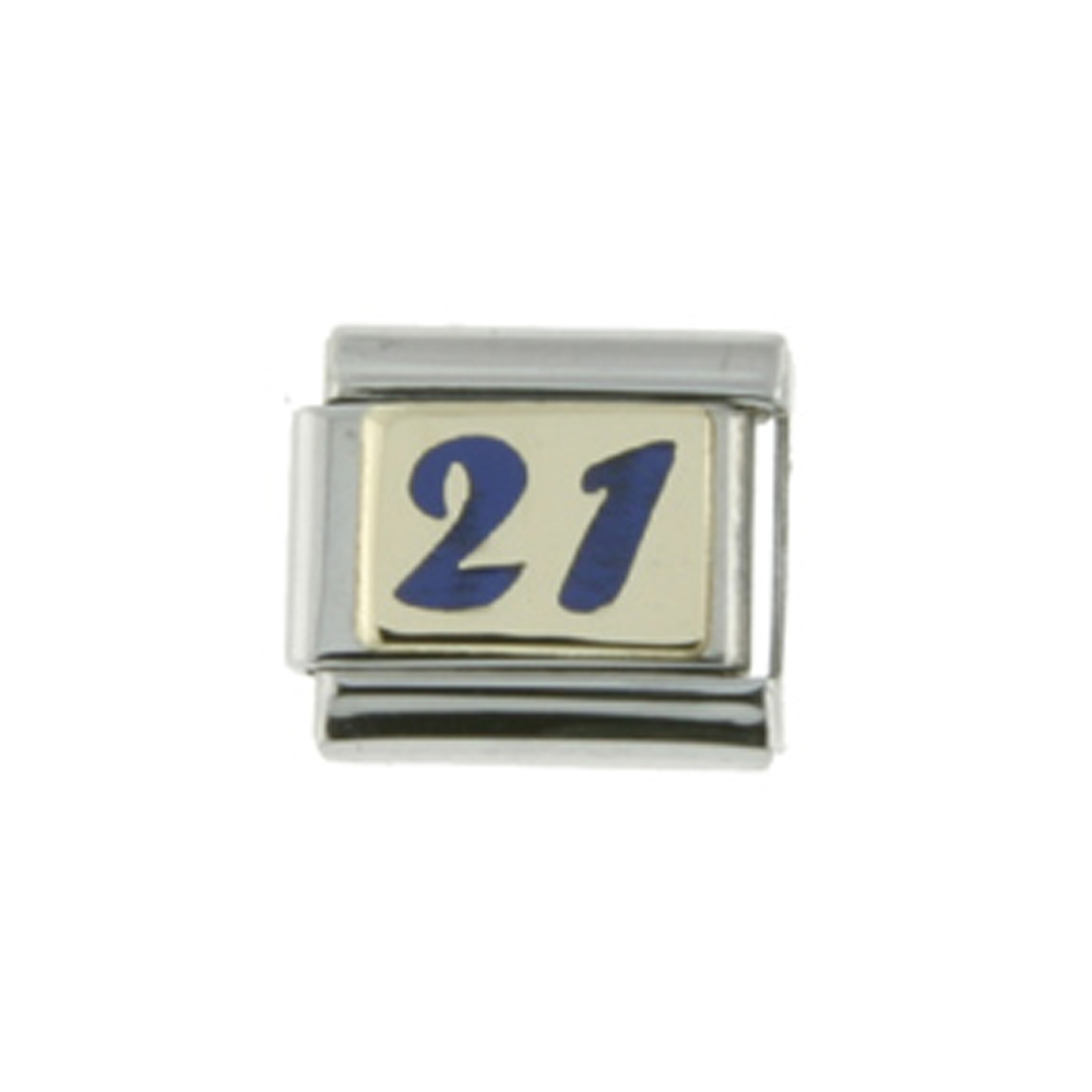 Stainless Steel 18k Gold Number 21 Charm for Italian Charm Bracelets Blue Enamel