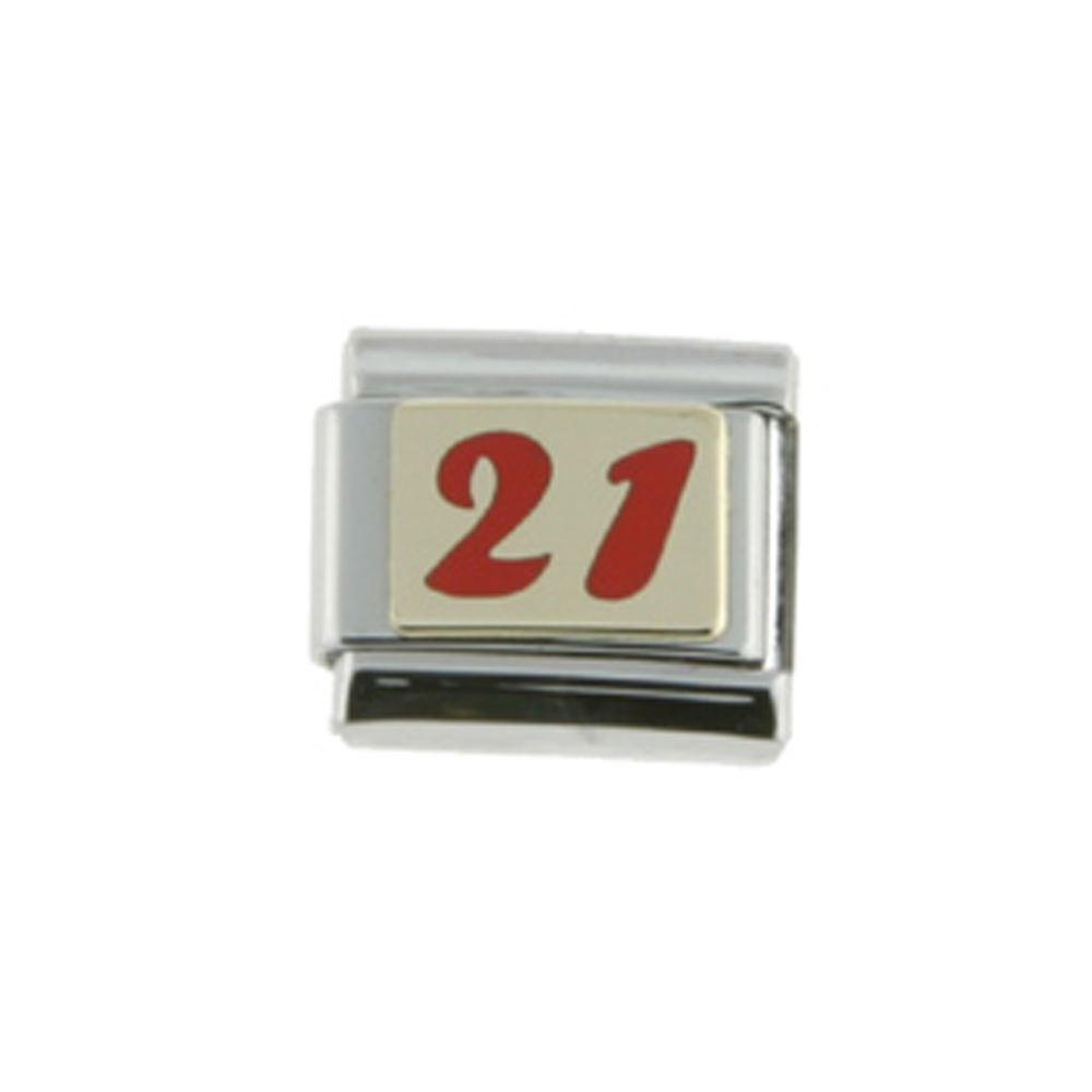 Stainless Steel 18k Gold Number 21 Charm for Italian Charm Bracelets red enamel