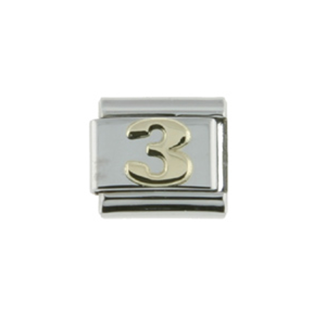 Stainless Steel 18k Gold Number 3 Charm for Italian Charm Bracelets 9mm