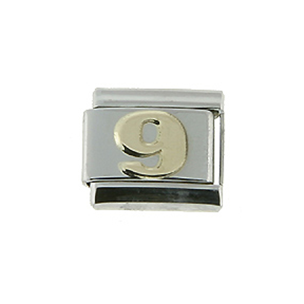 Stainless Steel 18k Gold Number 9 Charm for Italian Charm Bracelets 9mm