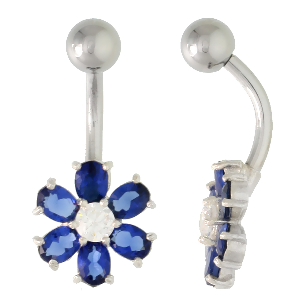 Flower Belly Button Ring with Blue Sapphire Cubic Zirconia on Sterling Silver Setting