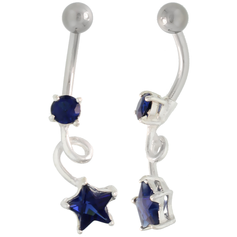Loop Belly Button Ring with Star Cut Blue Sapphire Cubic Zirconia on Sterling Silver Setting
