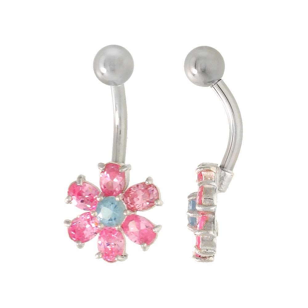 Flower Belly Button Ring with Pink Cubic Zirconia on Sterling Silver Setting