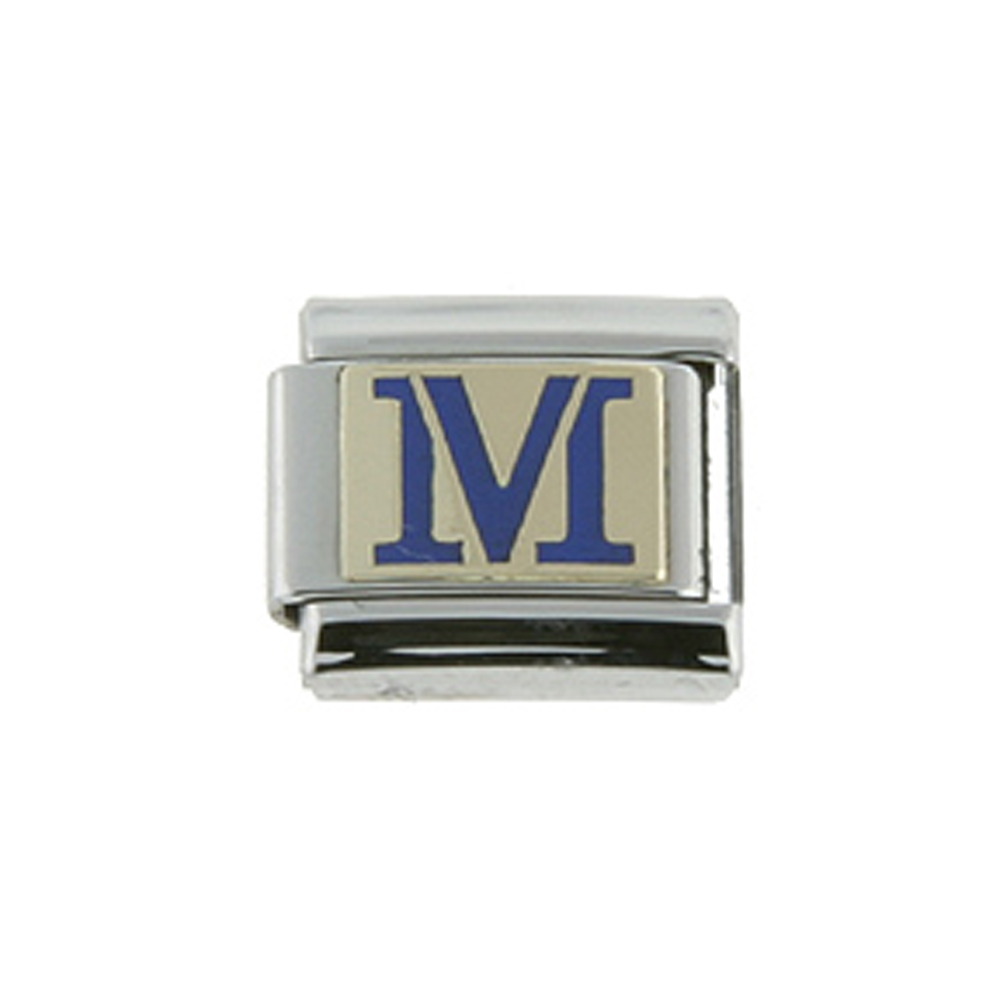 Stainless Steel 18k Gold Italian Charm Initial Letter M for Italian Charm Bracelets Blue Enamel