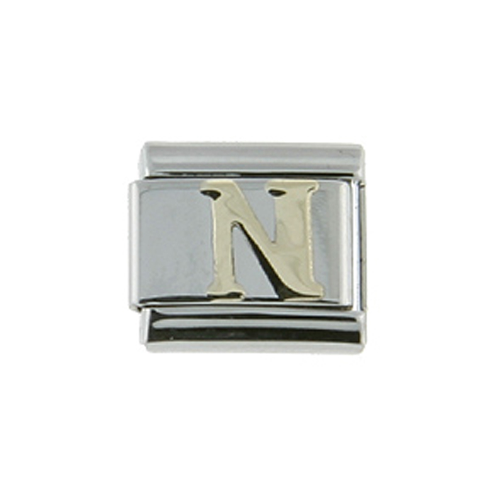 Stainless Steel 18k Gold Italian Charm Initial Letter N for Italian Charm Bracelets