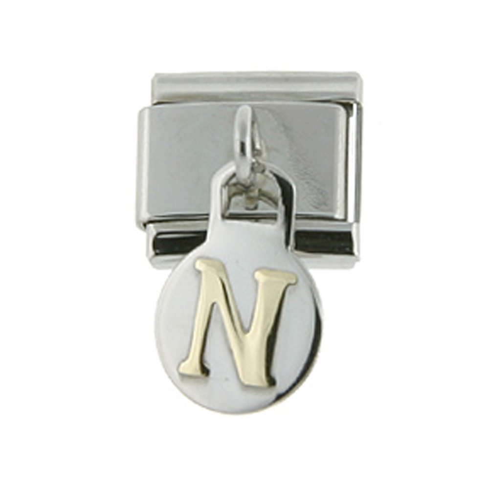 Stainless Steel 18k Gold Hanging Italian Charm Initial Letter N for Italian Charm Bracelets