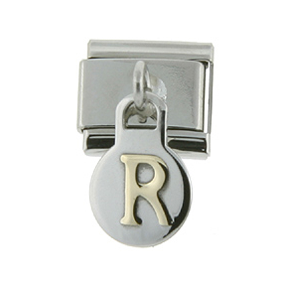 Stainless Steel 18k Gold Hanging Italian Charm Initial Letter R for Italian Charm Bracelets