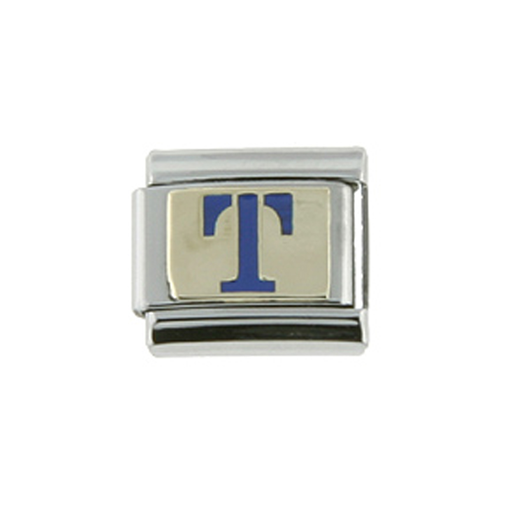 Stainless Steel 18k Gold Italian Charm Initial Letter T for Italian Charm Bracelets Blue Enamel