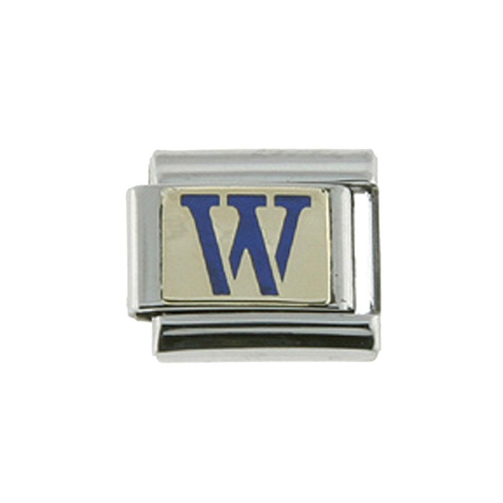 Stainless Steel 18k Gold Italian Charm Initial Letter W for Italian Charm Bracelets Blue Enamel