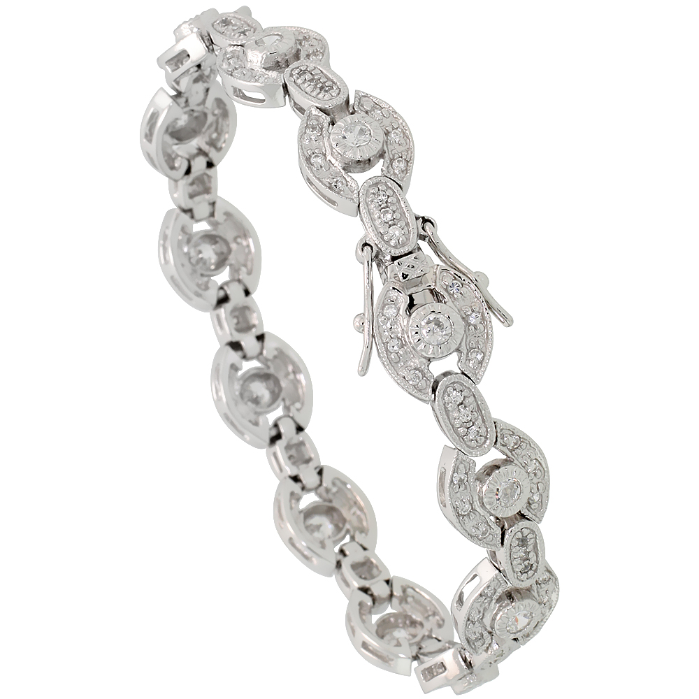 Sterling Silver Vintage Style CZ Bracelet, 3/8 inch wide