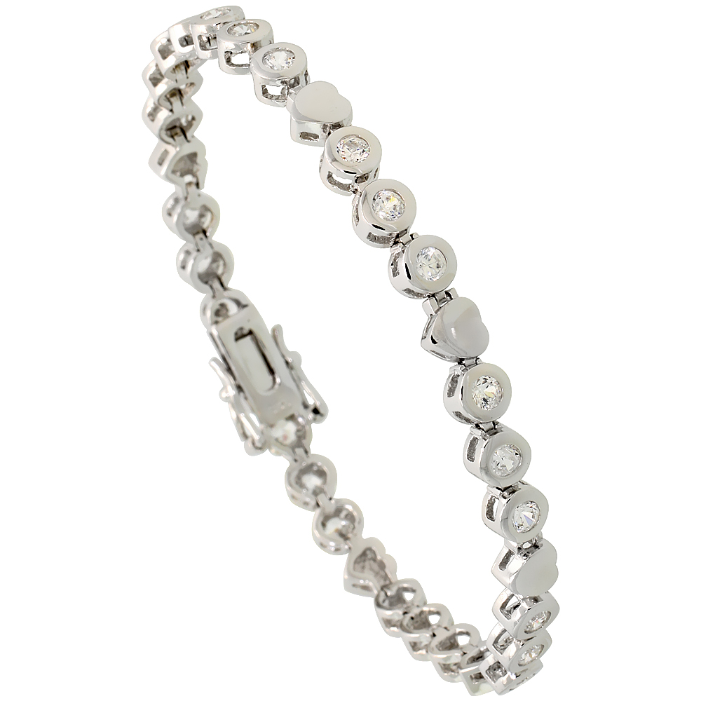 Sterling Silver 1.5 Carat size Bezel Set CZ Tennis Bracelet with Heart Links, 3/16 inch wide