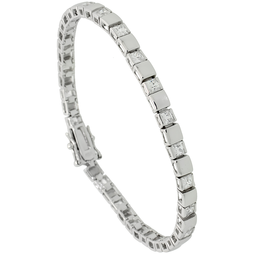 Sterling Silver 4 ct. size Princess CZ Tennis Bracelet/ alternating silver and stone, 5/32 inch wide