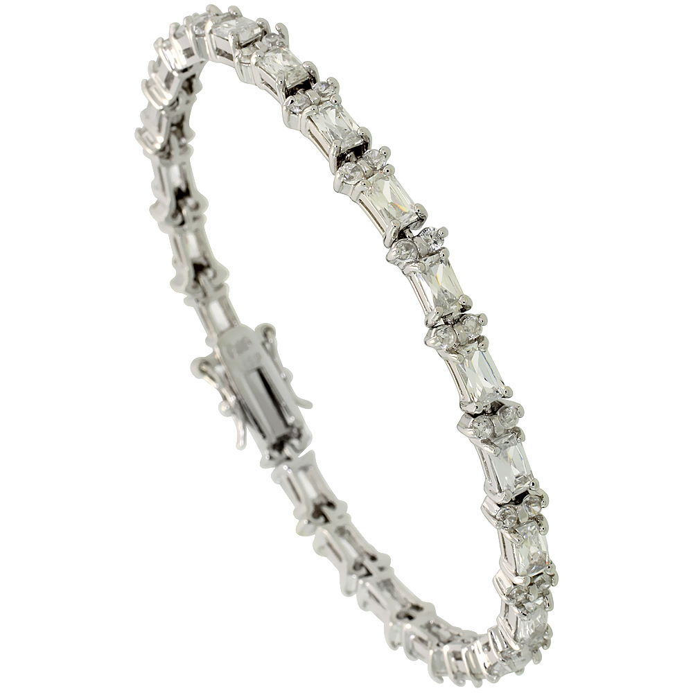 Sterling Silver 6.25 ct. size Emerald Cut CZ Tennis Bracelet with alternating Round Stones, 7/32 inch wide