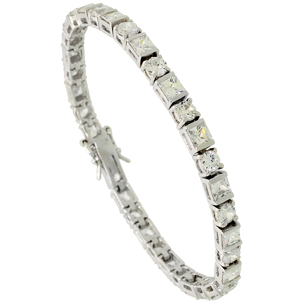 Sterling Silver 11 ct. size alternating Round & Square Cut CZ Tennis Bracelet, 3/16 inch wide