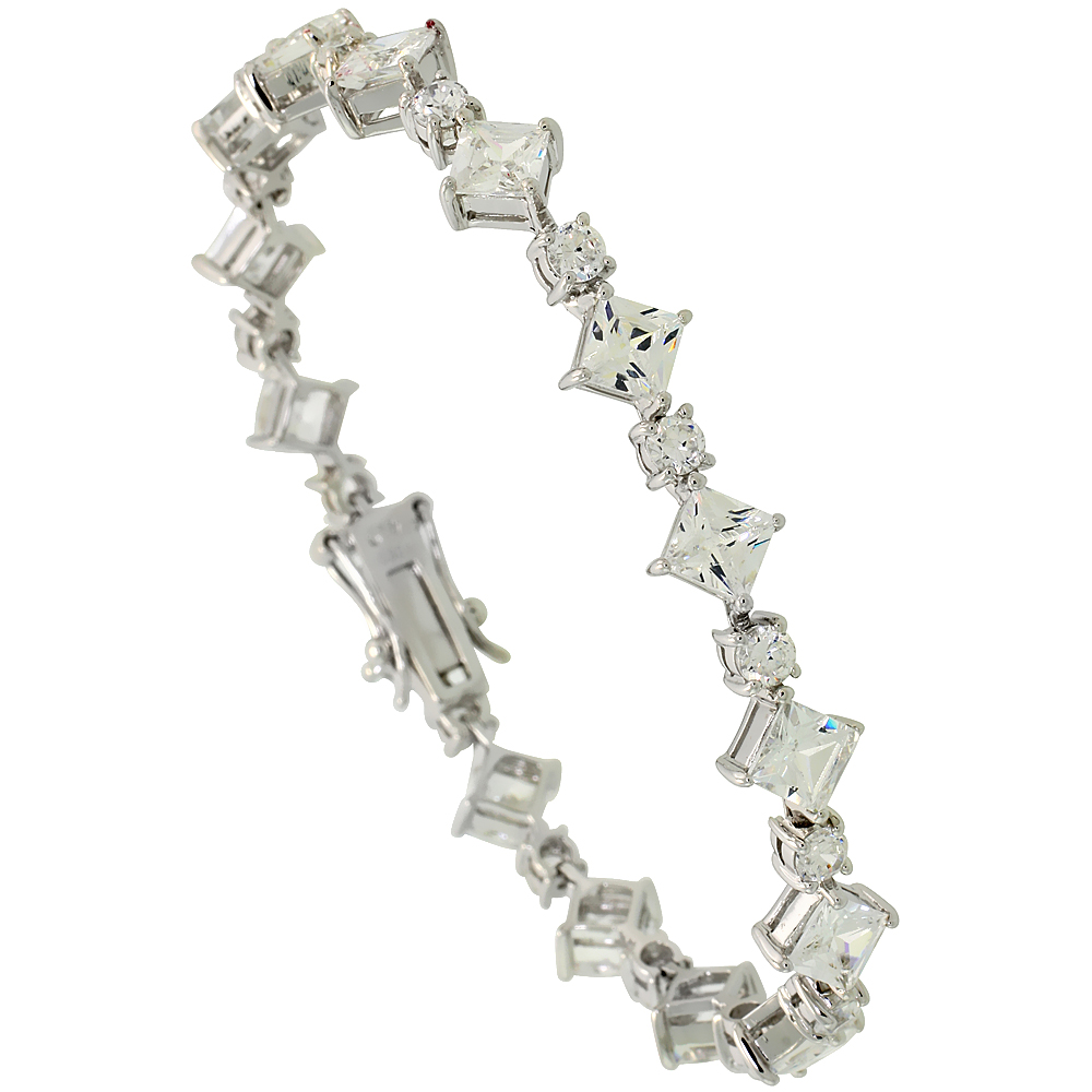 Sterling Silver 8.5 ct. size Alternating Square &amp; Round Cubic Zirconia Bracelet, 5/16 inch wide