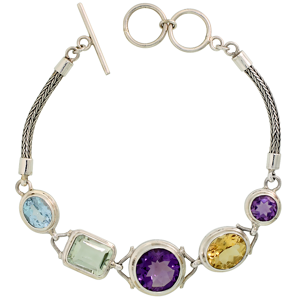 Sterling Silver Bali Style Byzantine Toggle Bracelet, w/ 8mm & 13mm Brilliant Cut Amethyst, 12x10 Oval Cut Citrine, 11x9mm Emerald Cut Green Amethyst & 10x8mm Oval Cut Blue Topaz (ALL NATURAL STONES), 9/16" (15 mm) wide