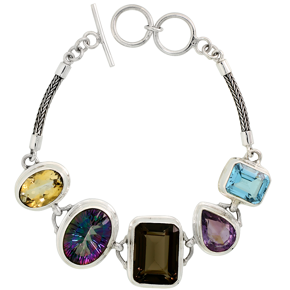 Sterling Silver Bali Style Byzantine Toggle Bracelet, w/ Emerald Cut 19x14mm Smoky Topaz, Oval Cut 19x14mm Mystic Topaz, Pear Cut 15x11mm Amethyst, Oval Cut 15x11mm Citrine & Emerald Cut 13x11mm Blue Topaz (ALL NATURAL STONES), 13/16" (21 mm) wide