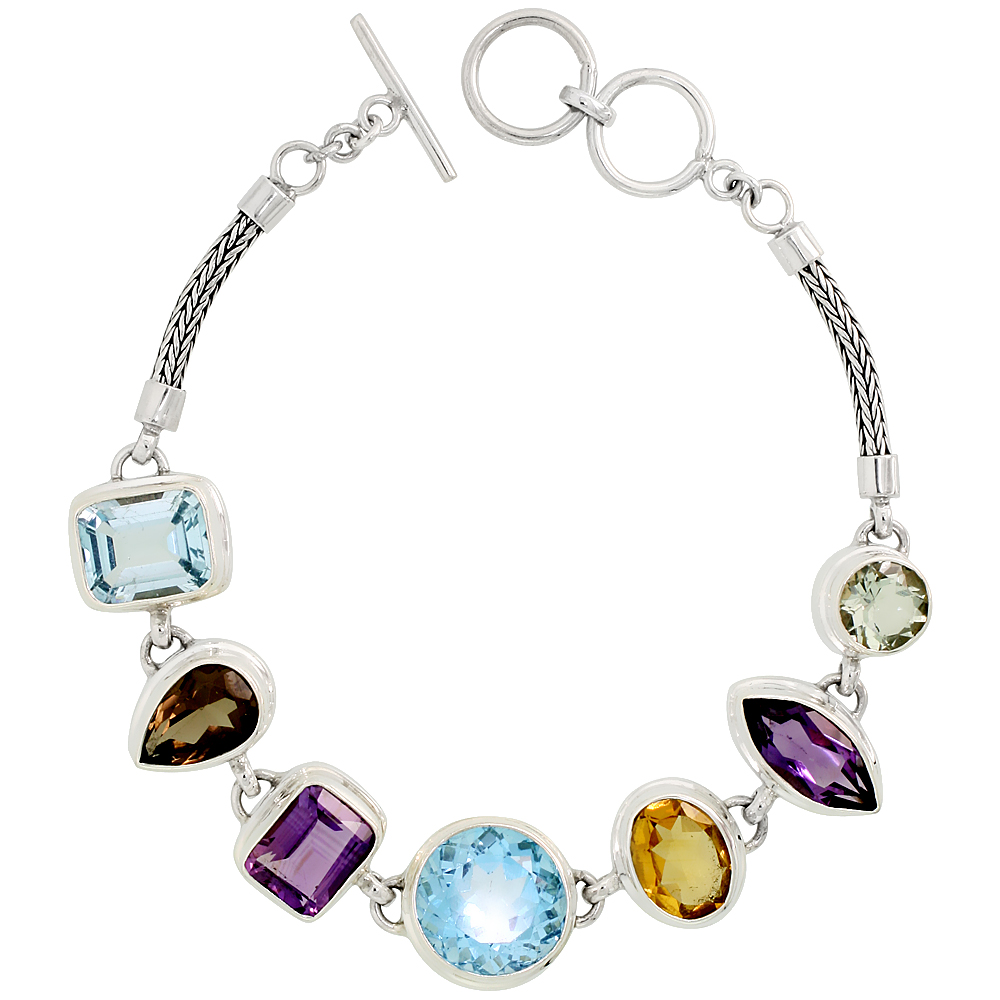 Sterling Silver Bali Style Multicolor Gem Stone Bracelet Blue Topaz Amethyst Citrine Smoky Topaz Green Amethyst, fits 7-8 inch