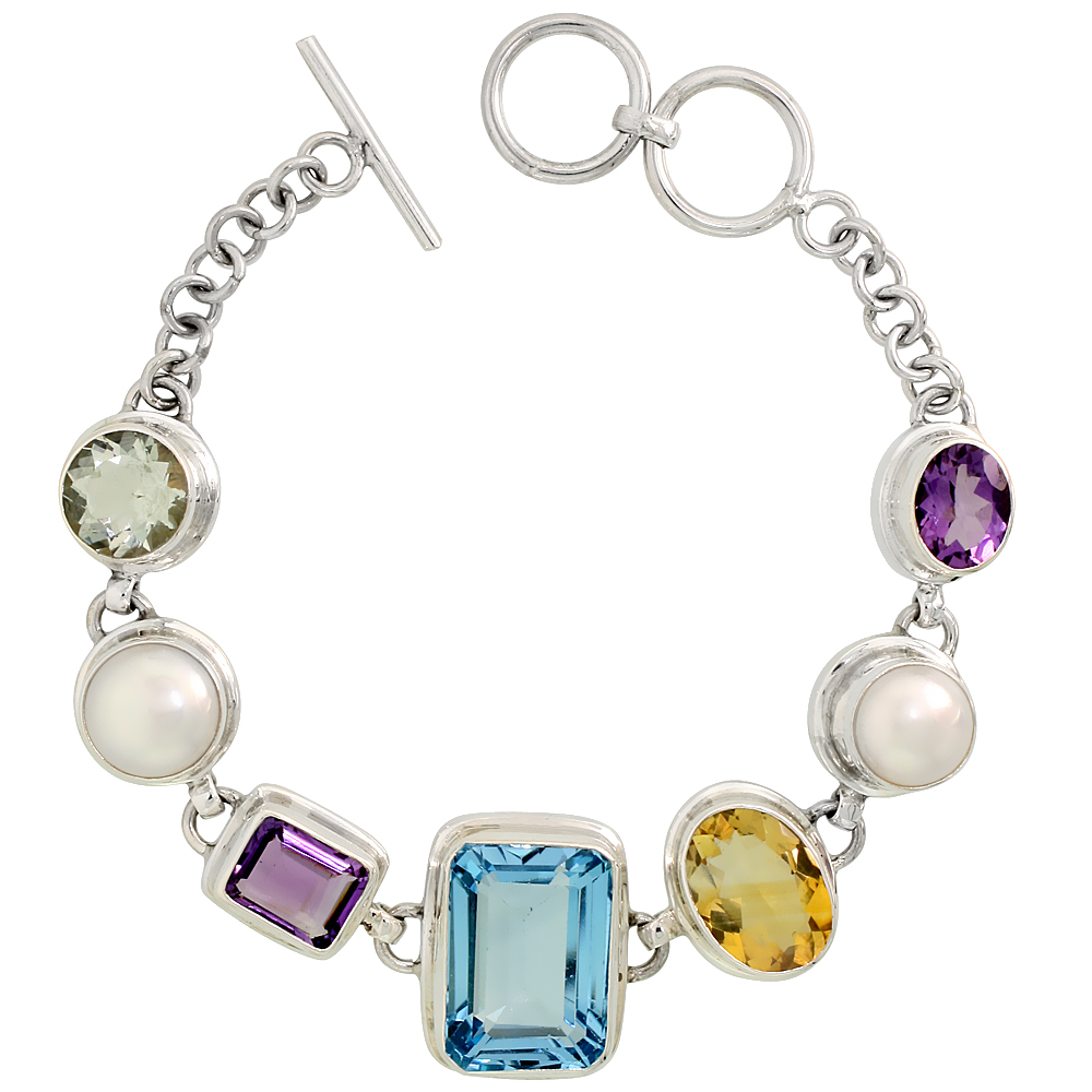 Sterling Silver Toggle Bracelet, w/ White Pearls, Emerald Cut 19x14mm Blue Topaz, Emerald Cut 11x9mm & Oval Cut 11x9mm Amethyst, Oval Cut 14x11mm Citrine & Brilliant Cut 10mm Green Sapphire (ALL NATURAL STONES), 13/16" (21 mm) wide