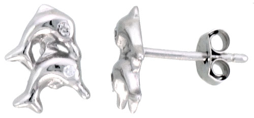 Sterling Silver Jeweled Dolphin Post Earrings, w/ Cubic Zirconia stones, 7/16" (11 mm)