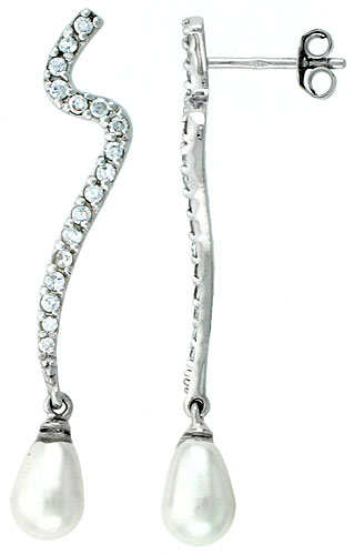 Sterling Silver Jeweled Contour Post Earrings, w/ Cubic Zirconia stones, 1 11/16 (42 mm)