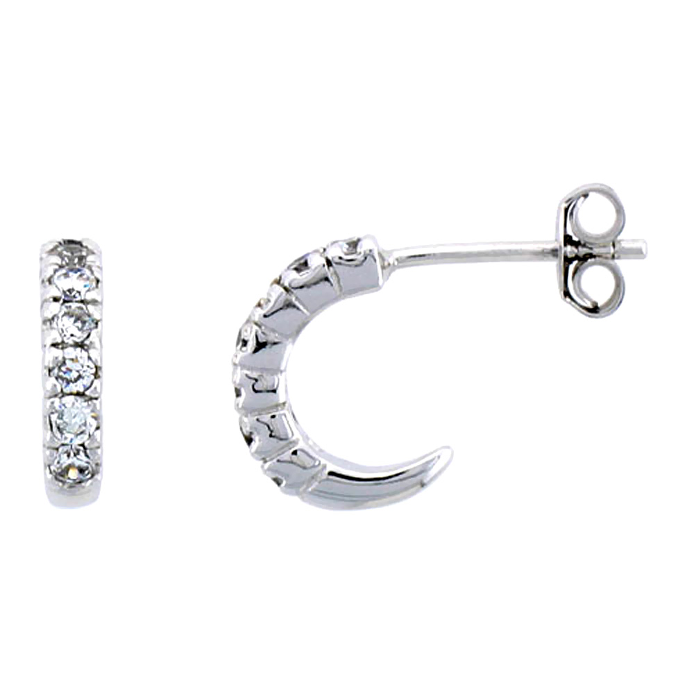 Sterling Silver Half Hoop Earrings w/ Brilliant Cut CZ Stones, 1/2&quot; (12 mm) tall
