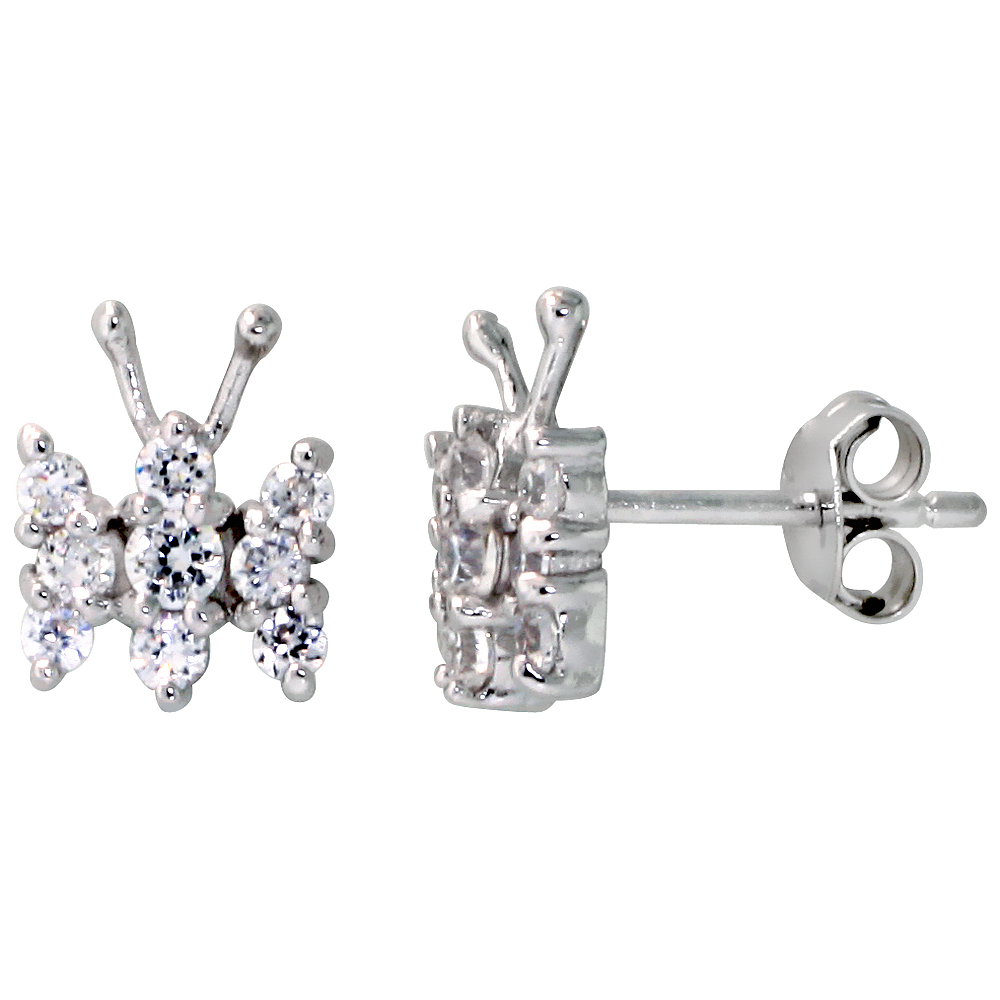 Sterling Silver Jeweled Butterfly Post Earrings, w/ Cubic Zirconia stones, 3/8" (10 mm)