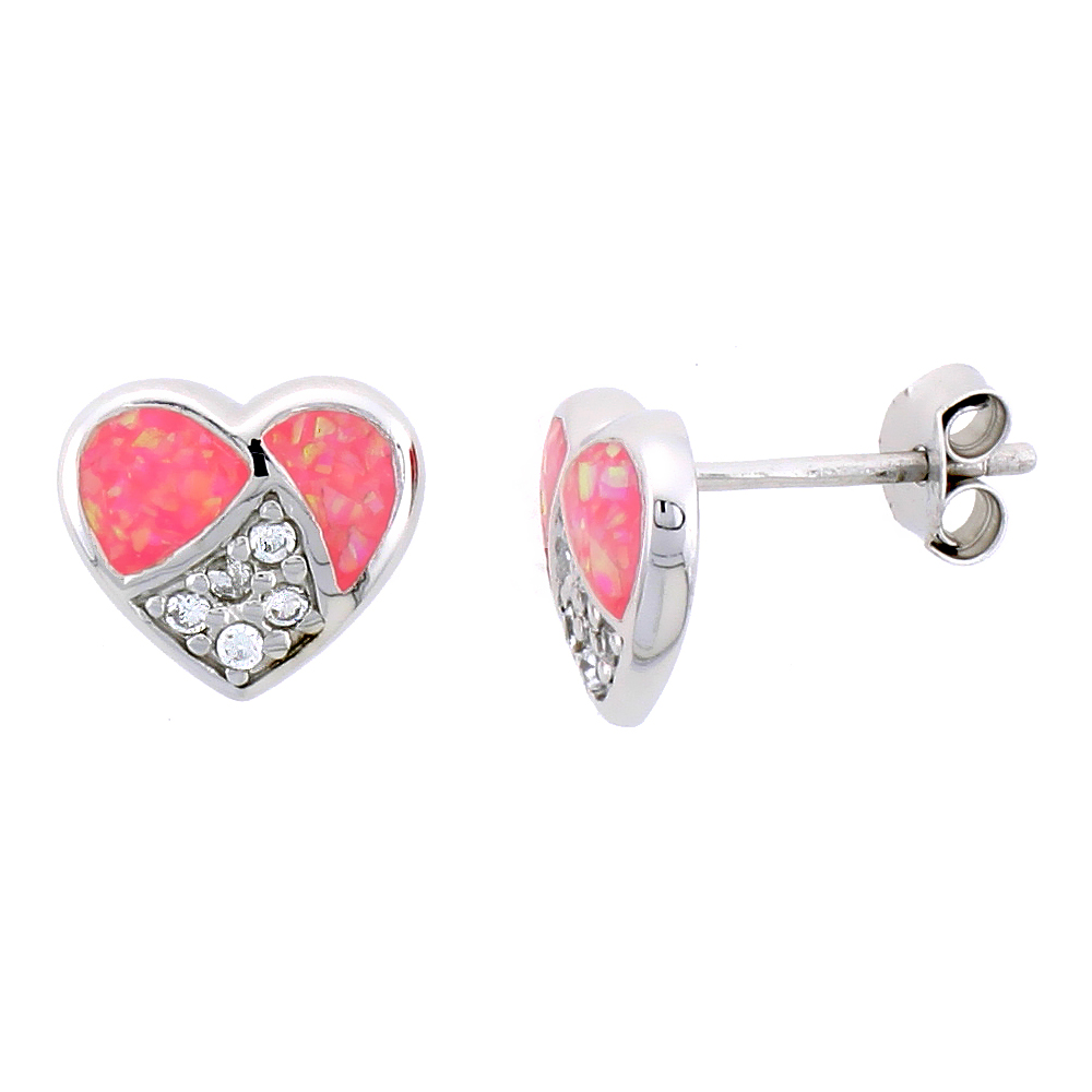 Sterling Silver Heart Post Earrings w/ Pink Synthetic Opal &amp; Cubic Zirconia, 3/8 inch