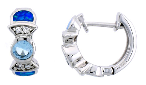 Sterling Silver Huggie Earrings w/ Synthetic Opal inlay & Aqua Cubic Zirconia , 5/8 inch