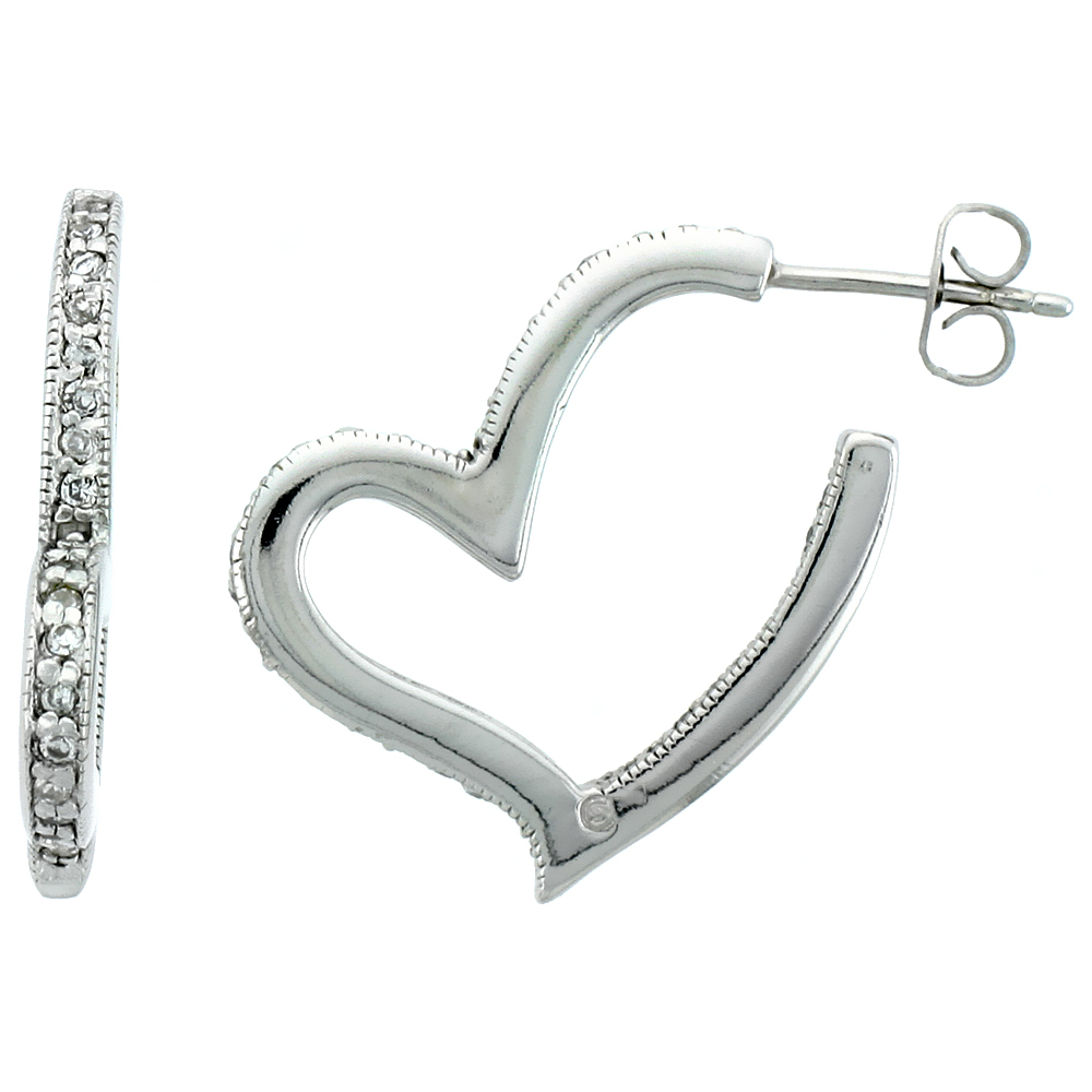 Sterling Silver Jeweled Heart Post Earrings, w/ Cubic Zirconia stones, 1" (26 mm) tall