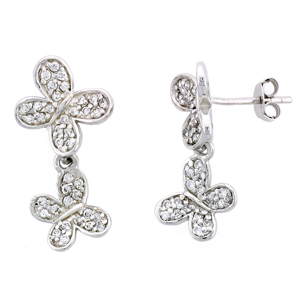 Sterling Silver Jeweled Butterfly Post Earrings, w/ Cubic Zirconia stones, 15/16" (24 mm)