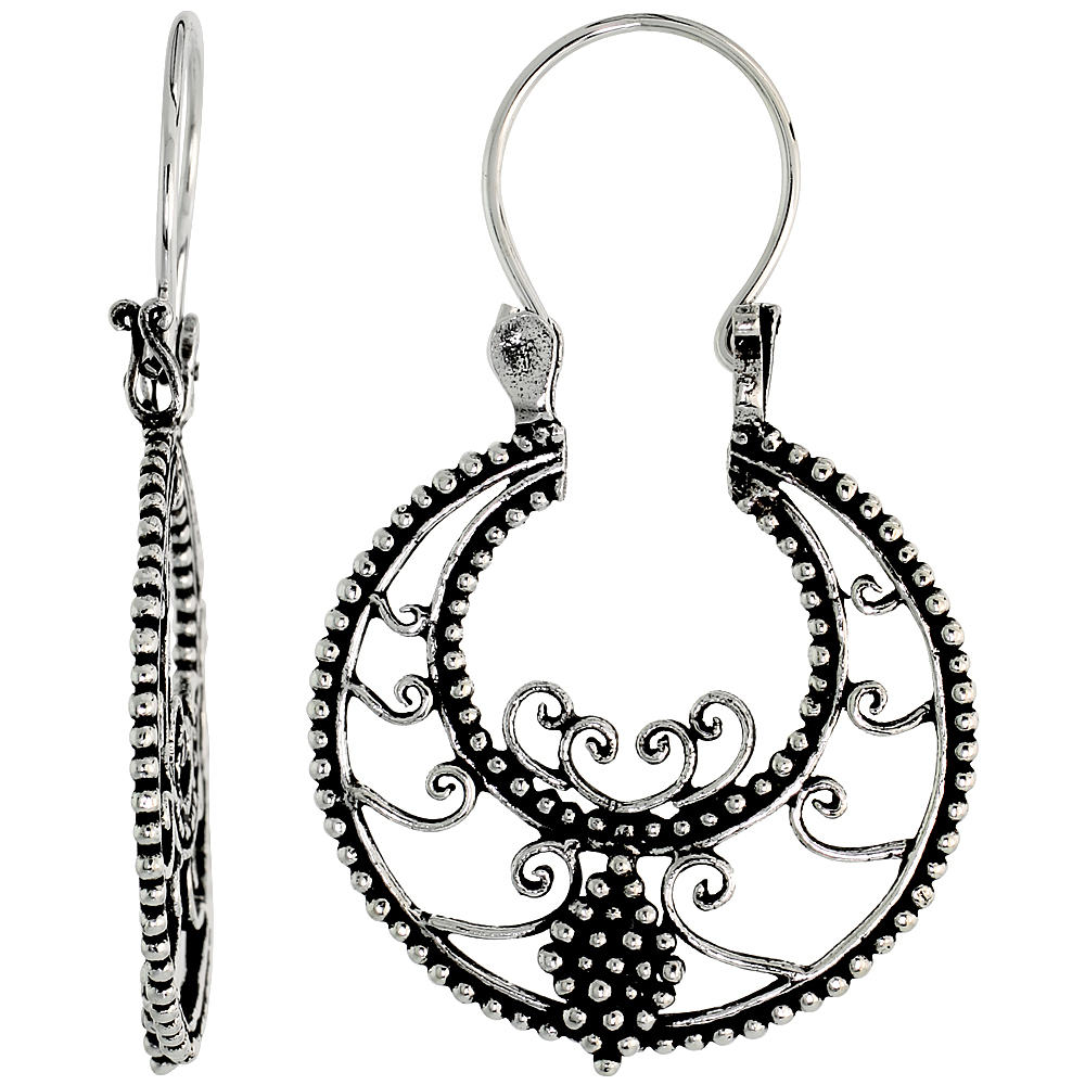 Sterling Silver Filigree Bali Earrings w/ Beads & Swirls, 1 3/8" (36 mm) tall