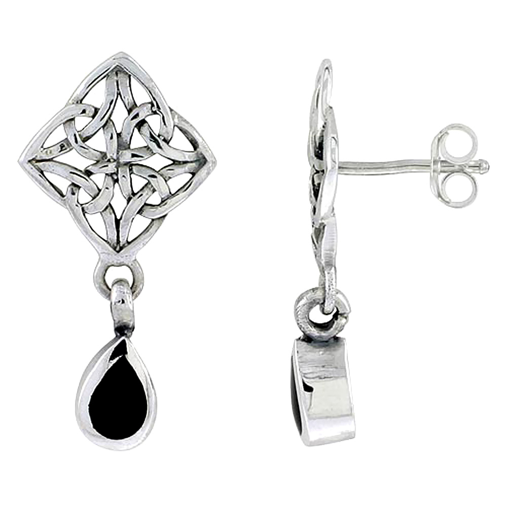 Sterling Silver Celtic Cross of Triquetras Post Earrings Teardrop Black Onyx,1 inch long