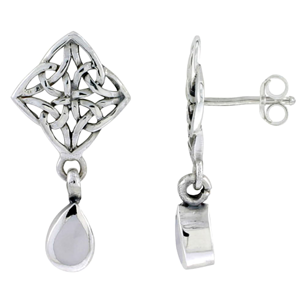 Sterling Silver Celtic Cross of Triquetras Post Earrings Teardrop Mother of Pearl,1 inch long