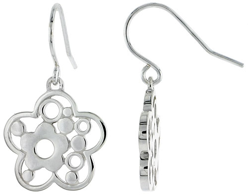 Sterling Silver Flower Hook Earrings, 3/4 inch long
