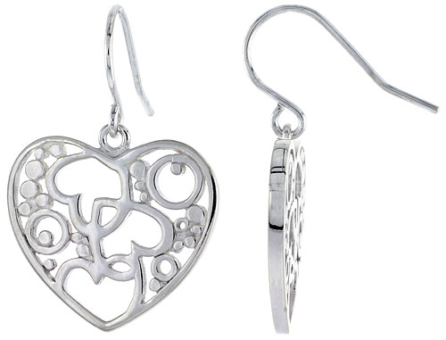 Sterling Silver Heart Hook Earrings, 3/4 inch long
